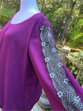 AGB Purple Black Lace Sleeve Blouse Size XL Flowy Bell Sleeve Top